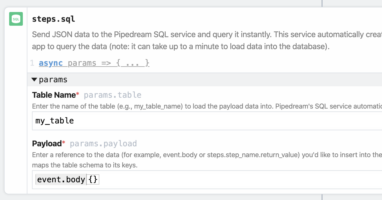 Sending data to SQL table using the action